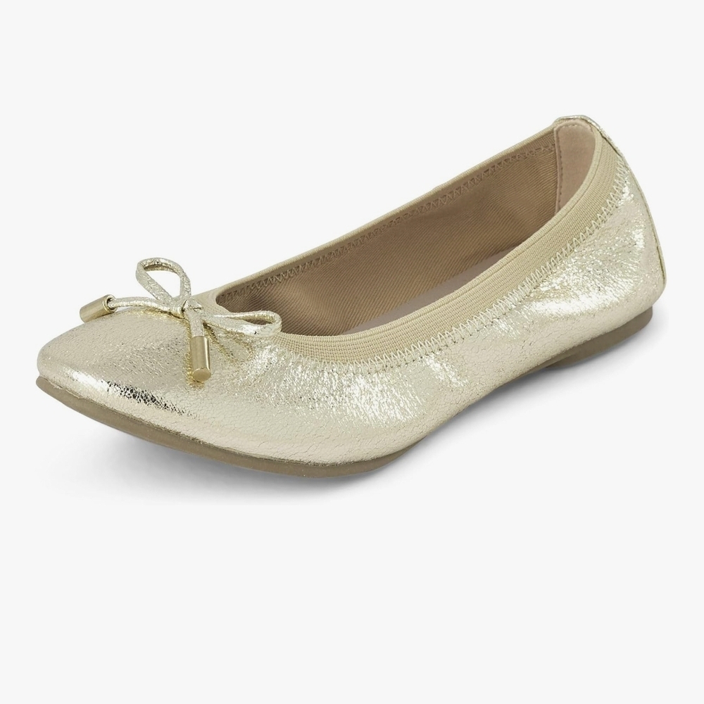 Place Gold Ballet Flats with Bow and Rounded Toe Size 2